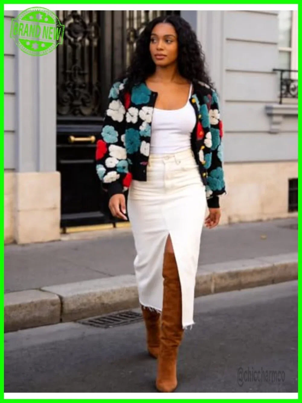 Women's Cropped Floral Fleece Bomber Jacket Casual Button Down Puff Sleeve